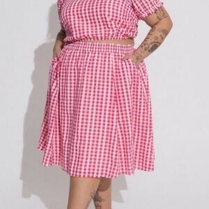 Torrid Seersucker Gingham Pink Elastic Waist Pull-On Skater Skirt - 3X